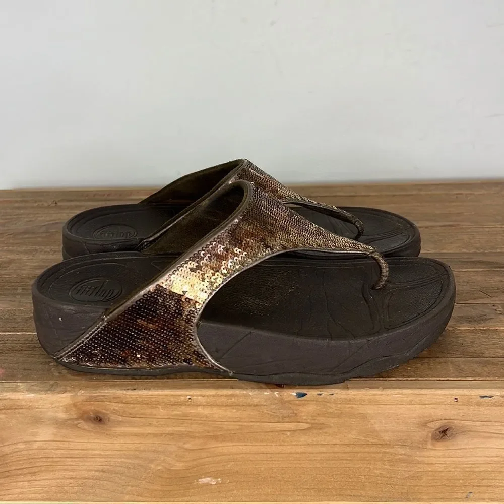 FITFLOP brown gold tan sequin flip flop thong workout sandals women’s size 7